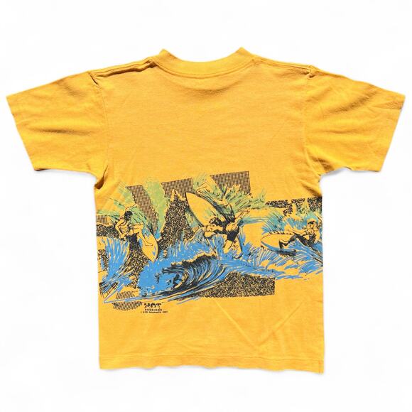 Vintage 80s Hot Sessions Surfing AOP T Shirt Yellow Blue Single Stitch Baby Tee - Picture 5 of 11